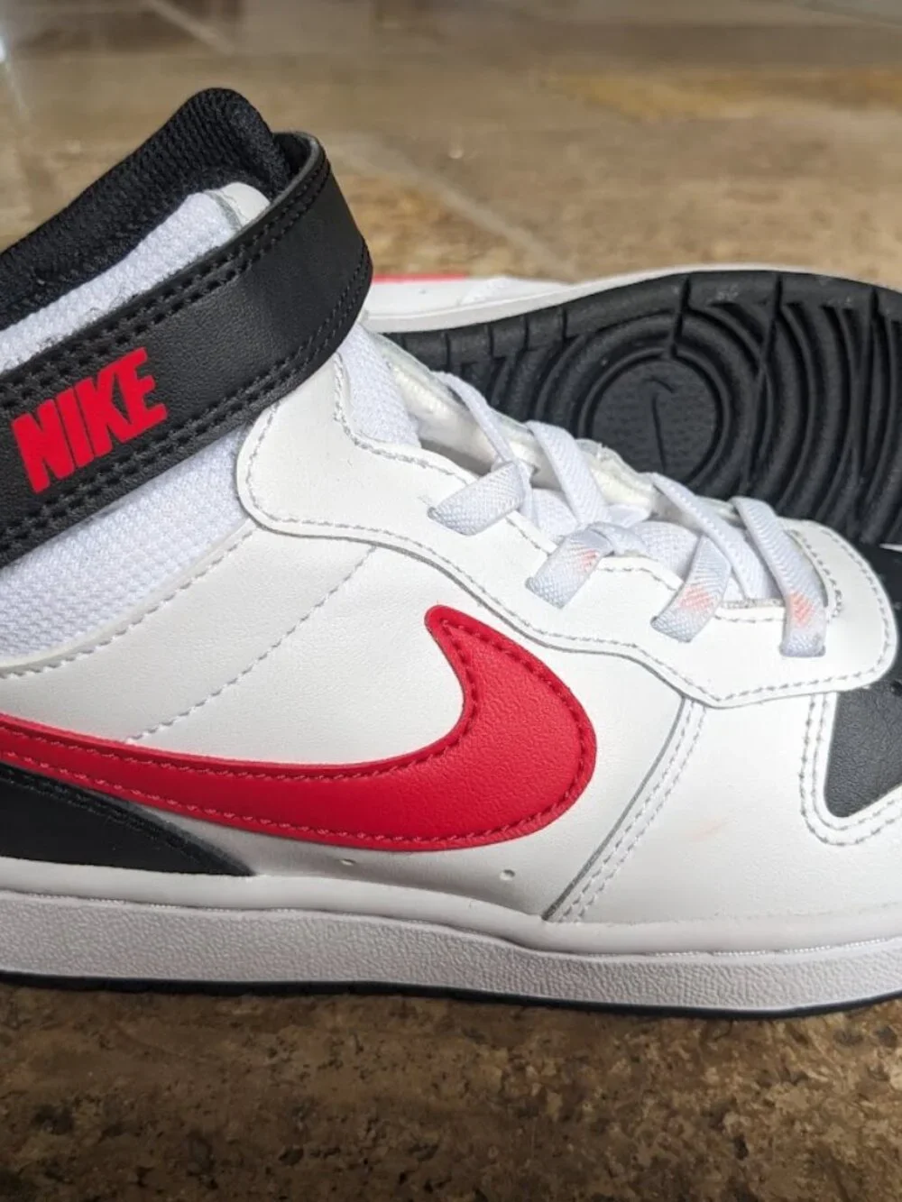 BRAND NEW NIKE Court Borough Mid 2Velcro 'White Black University Red' SIZE 1.5Y